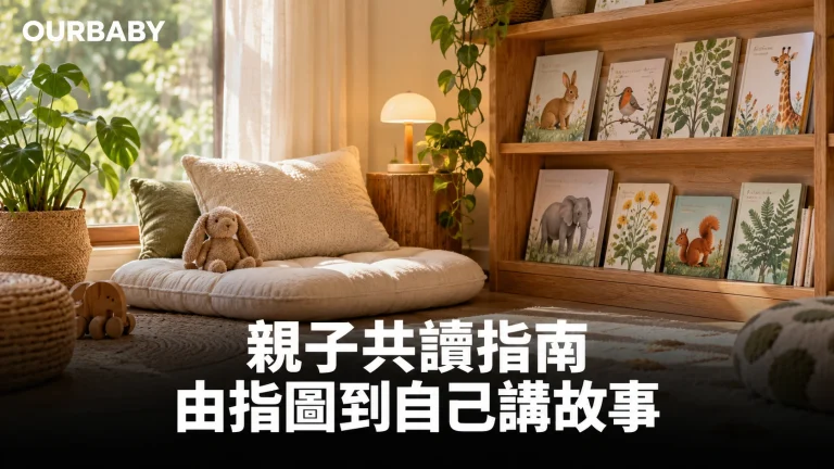 繪本、矮書架與軟墊組成的親子共讀角