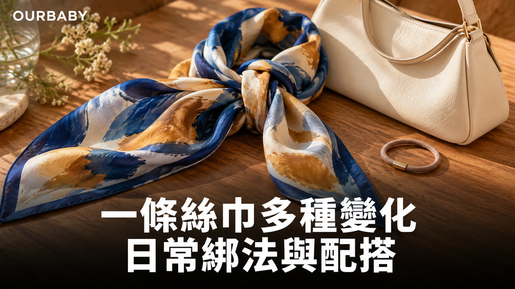 印花絲巾、髮圈與手袋作絲巾綁法配搭示意