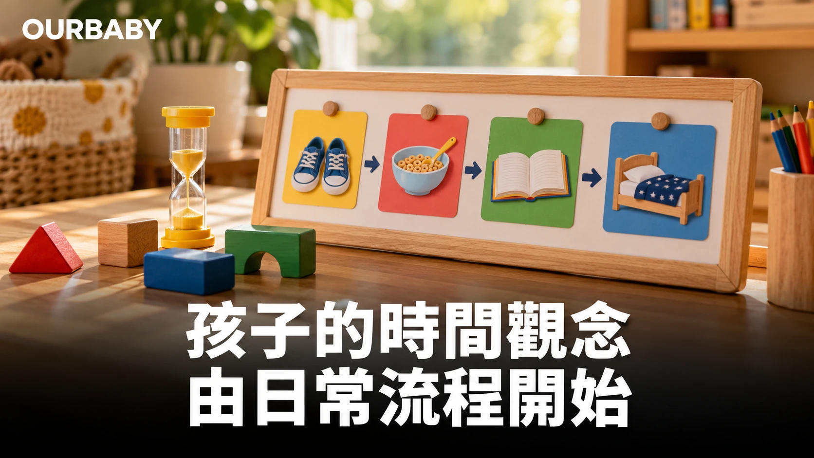 兒童日常流程圖卡、沙漏與木積木